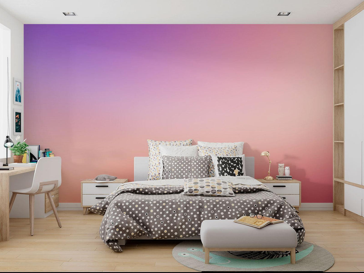 Pink to purple ombre wallpaper in makeup room with vanity setup
