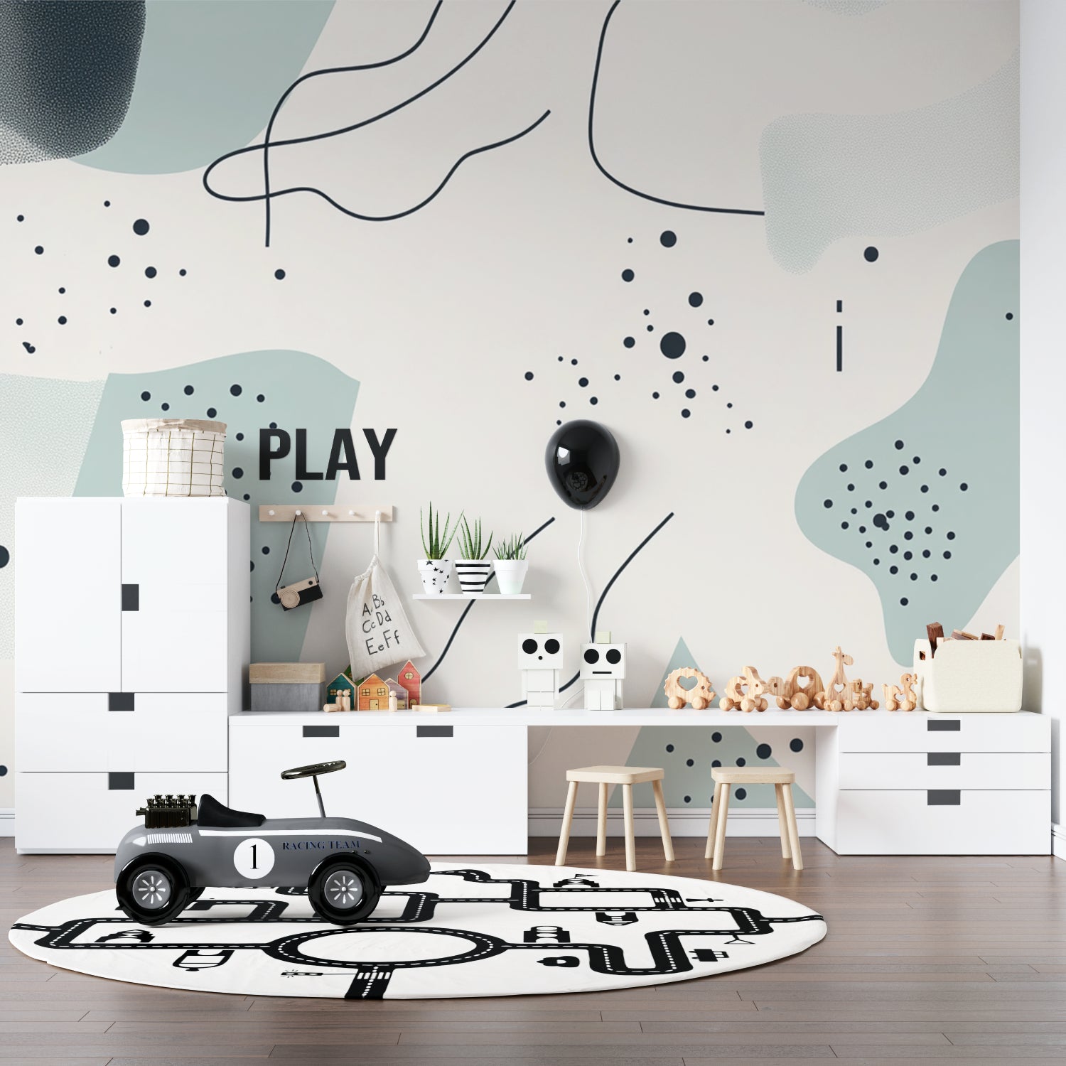Graffiti wallpaper in modern living room showing vibrant street art design with turquoise and pink tones