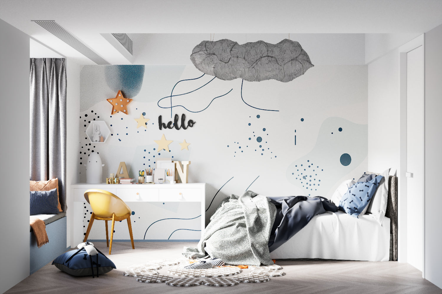 Modern dining area with abstract graffiti wall design creating bold statement
