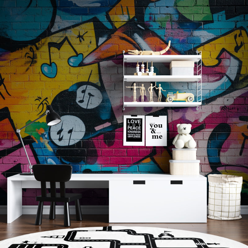 Music-themed graffiti wallpaper transforming a creative studio space with vibrant urban design