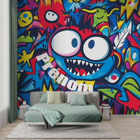 Street art graffiti wallpaper creating bold impact in modern teen bedroom with gaming setup