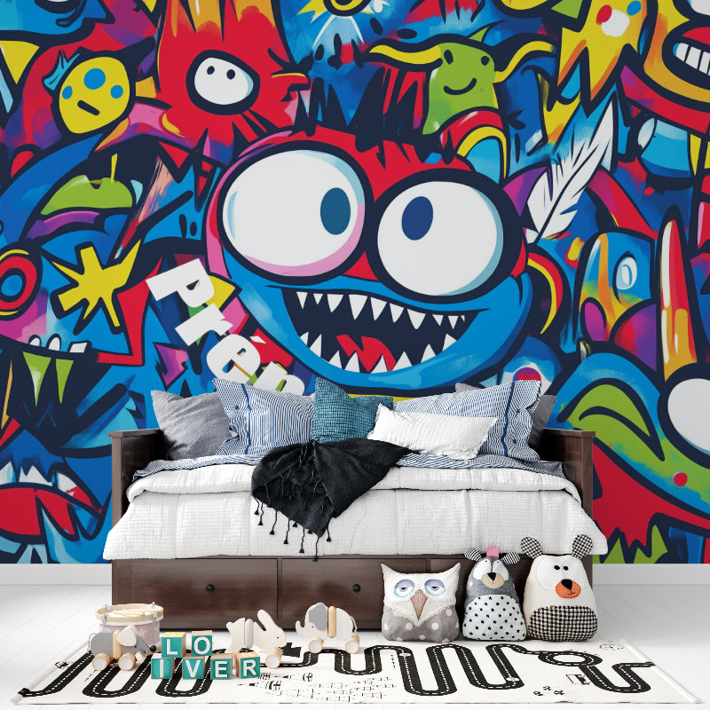 Colorful street art wallpaper bringing energy to urban style living room