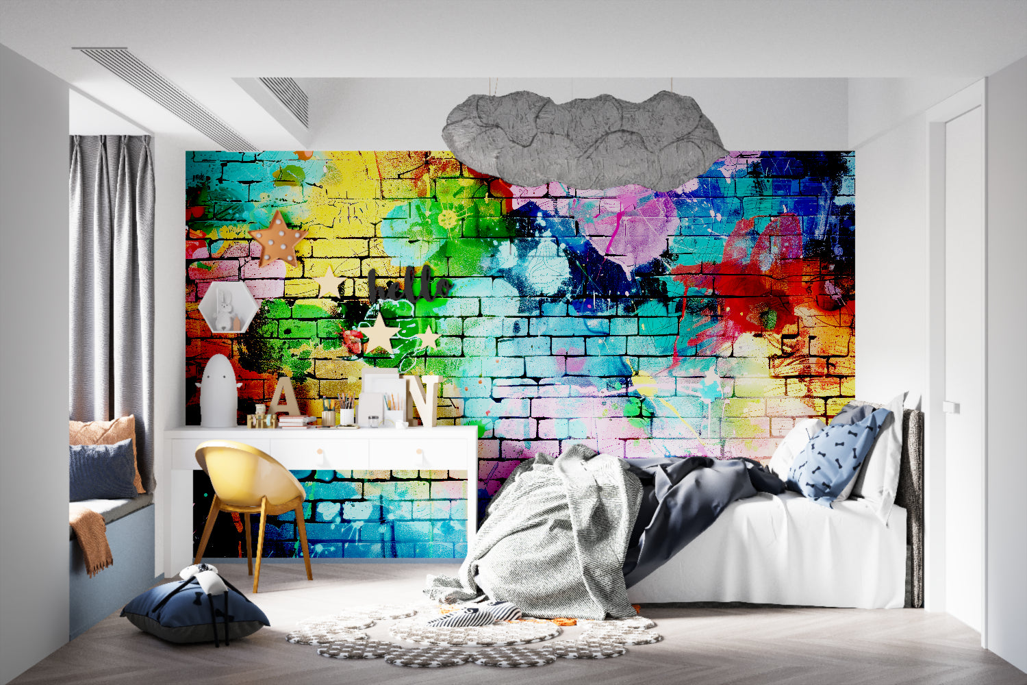 Colorful street art mural in gaming room showing vibrant brick graffiti design
