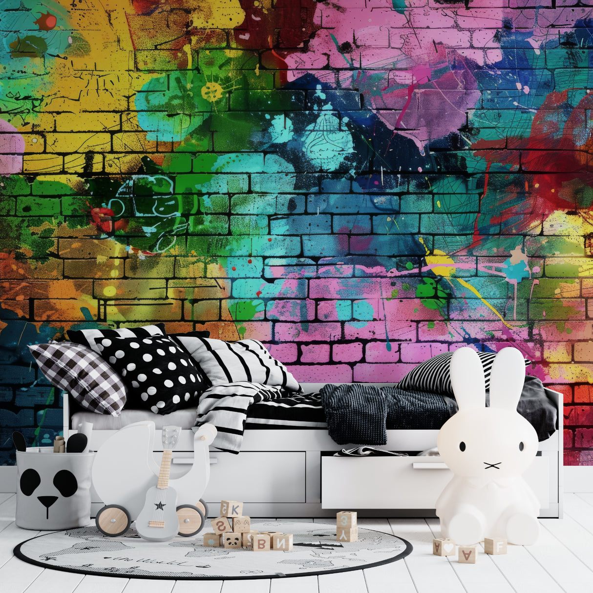 Rainbow brick graffiti mural creating bold statement in creative workspace