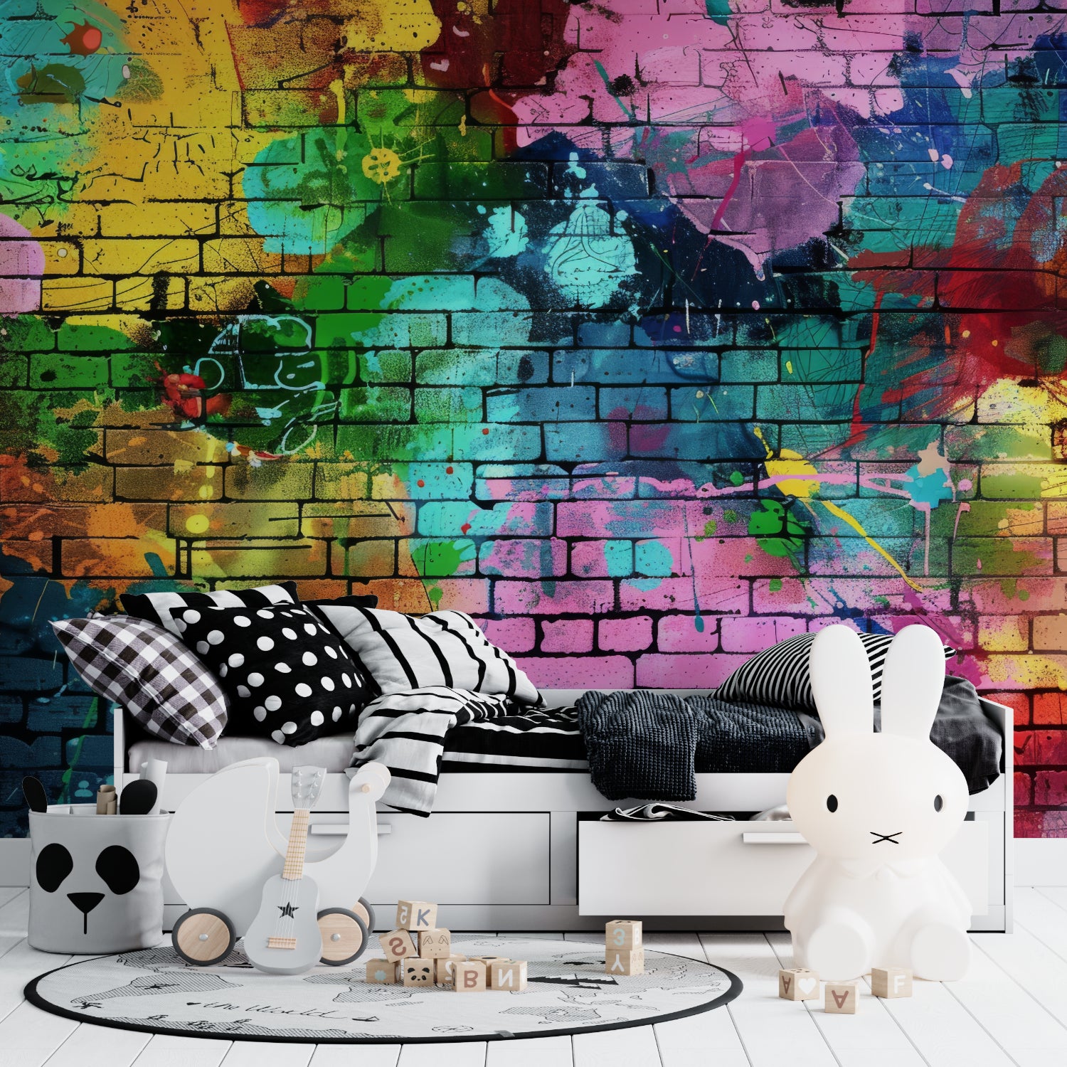 Rainbow brick graffiti mural creating bold statement in creative workspace