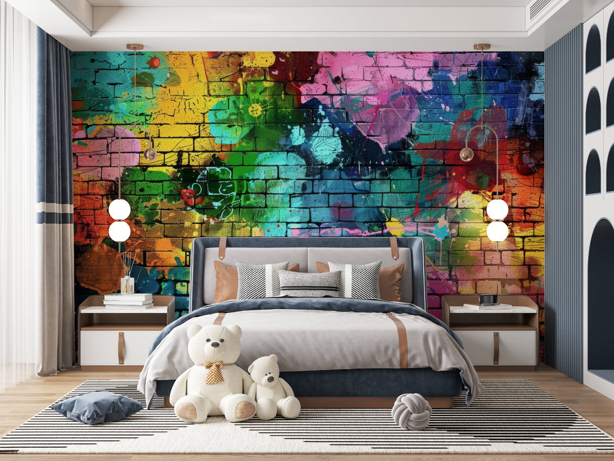 Street art wallpaper showcasing vivid colors in modern living room setting