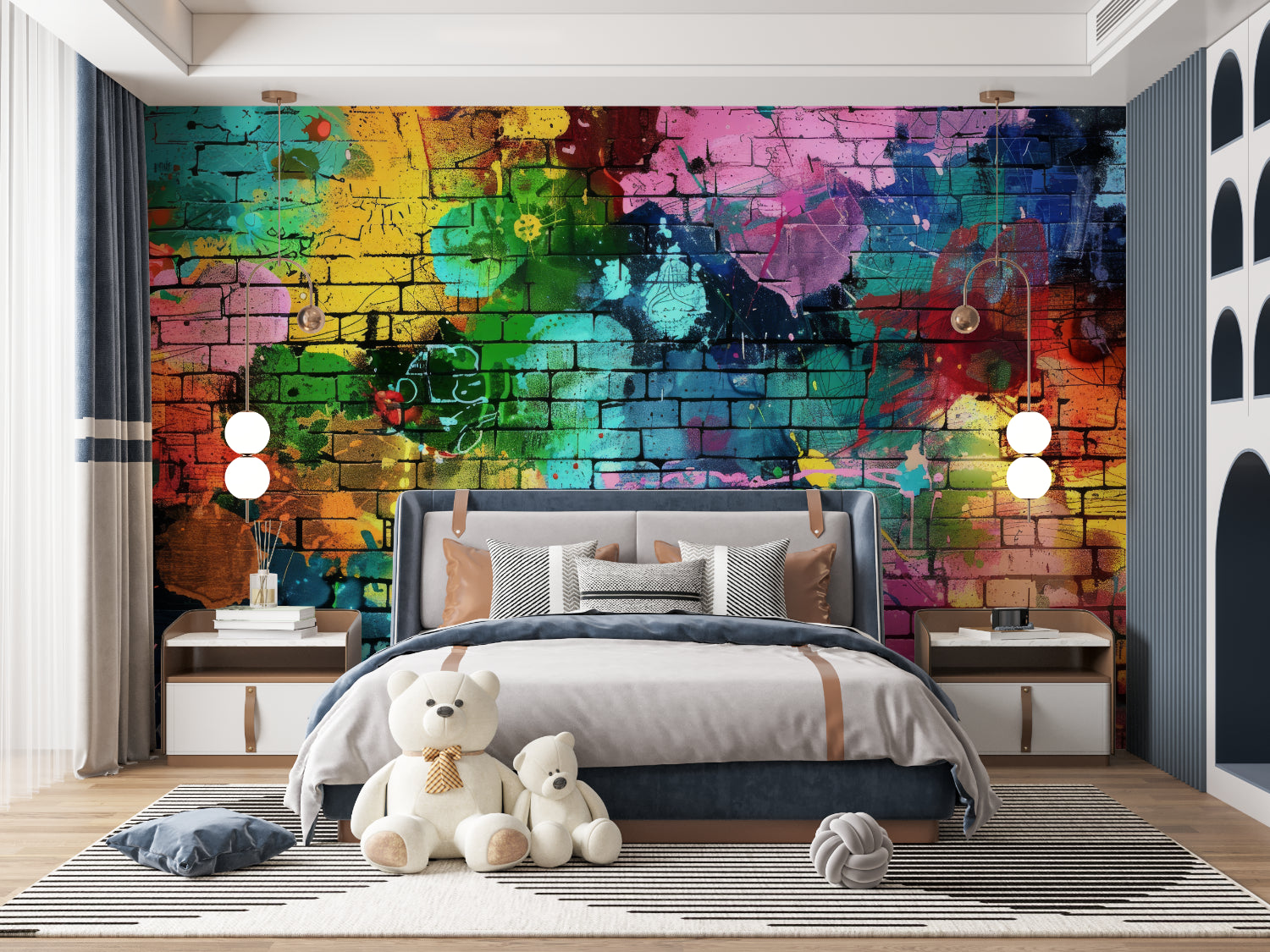 Street art wallpaper showcasing vivid colors in modern living room setting
