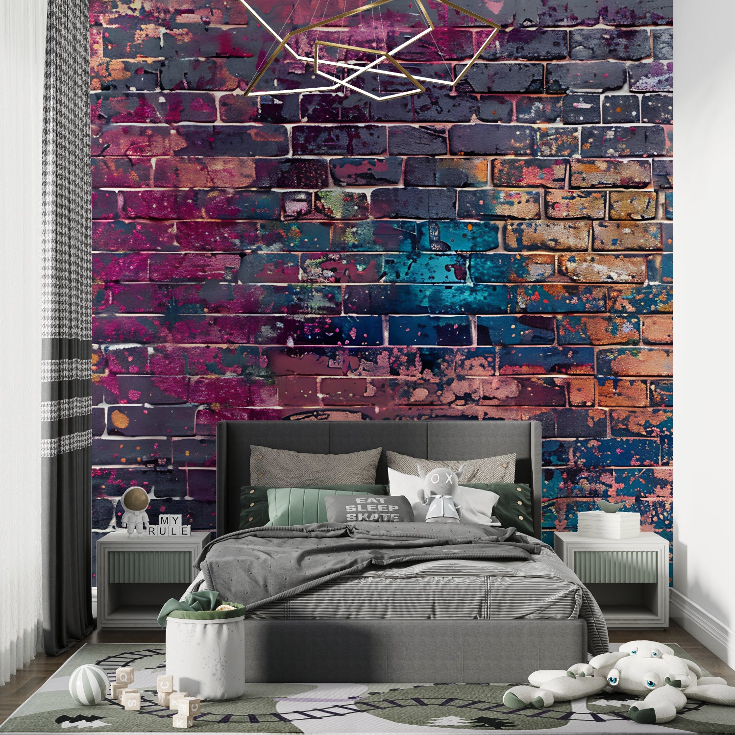 Street art wallpaper featured in a teen bedroom showing vibrant orange details