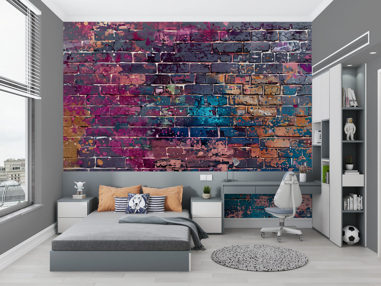 Urban brick mural adding depth to a creative office space