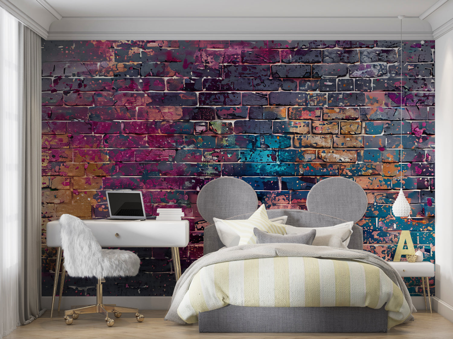 Street art mural creating an accent wall in a contemporary dining space
