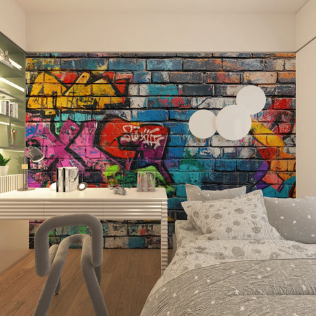 Street art graffiti wallpaper creating bold impact in modern living room with grey sofa