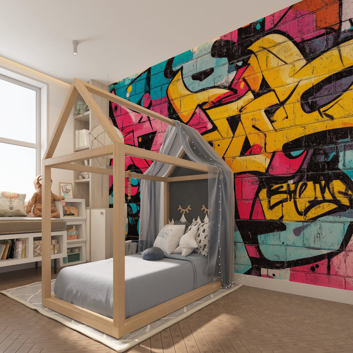 Street art graffiti wallpaper in modern living room creating bold accent wall with turquoise and pink tones