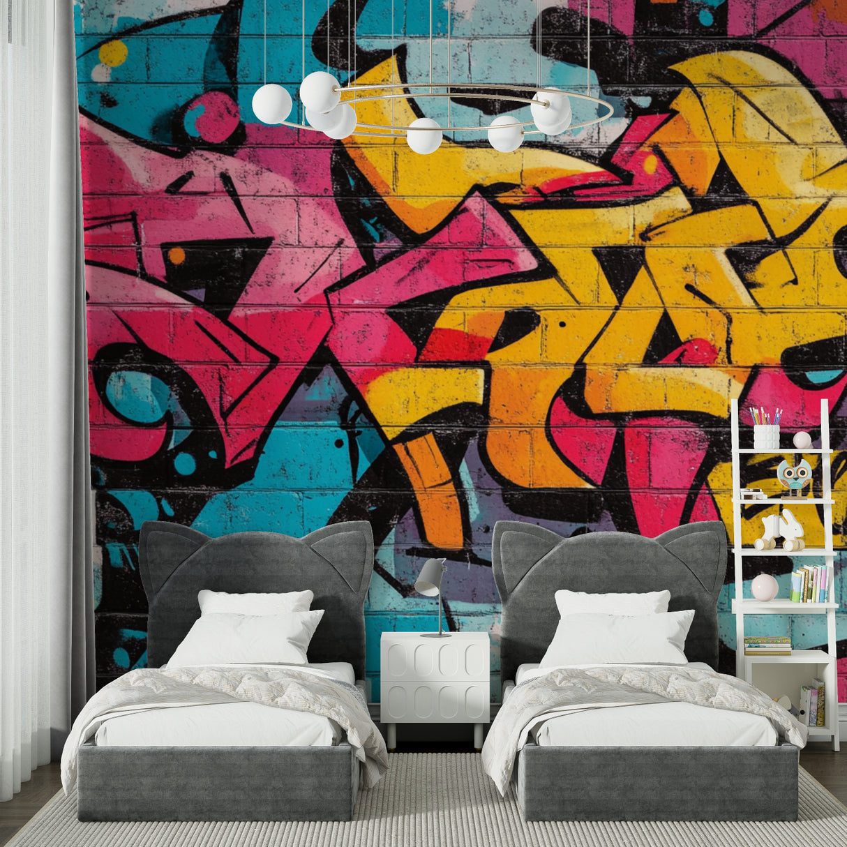 Urban graffiti wall mural bringing energy to teen bedroom with vibrant yellow details