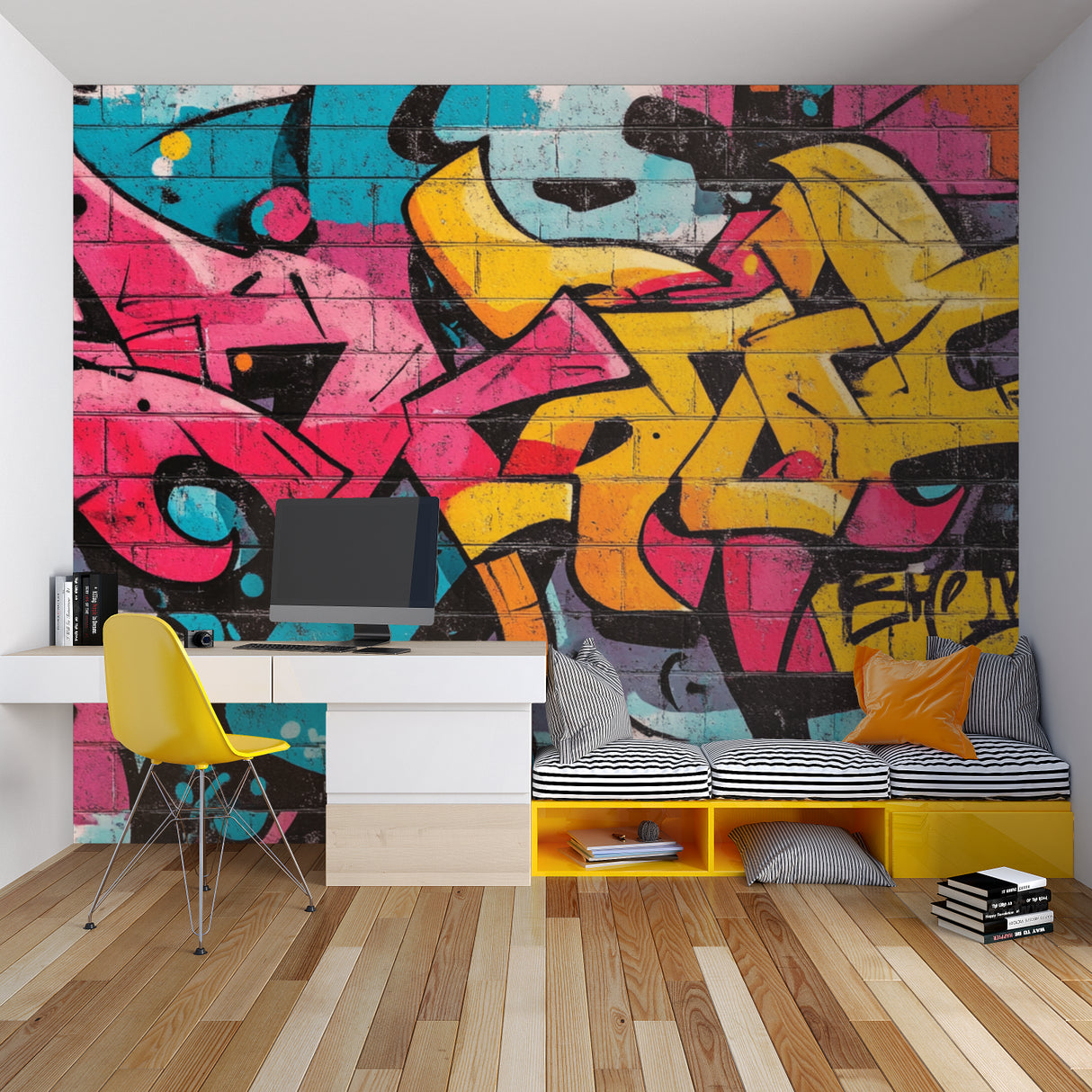 Graffiti street art wallpaper transforming office space with dynamic urban design