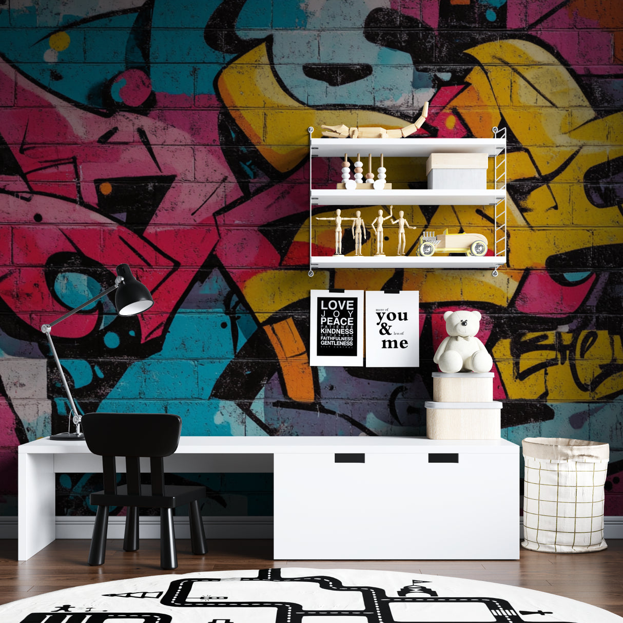 Modern street art mural wallpaper in gaming room with energetic color flow