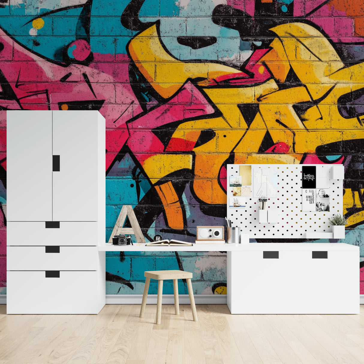 Creative studio space featuring urban graffiti wall design in bright colors