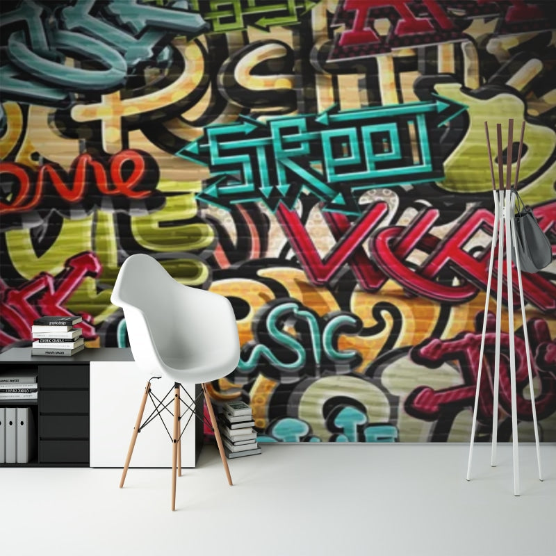 Modern teen bedroom with vibrant Street Art Wallpaper creating an energetic accent wall against minimal furniture