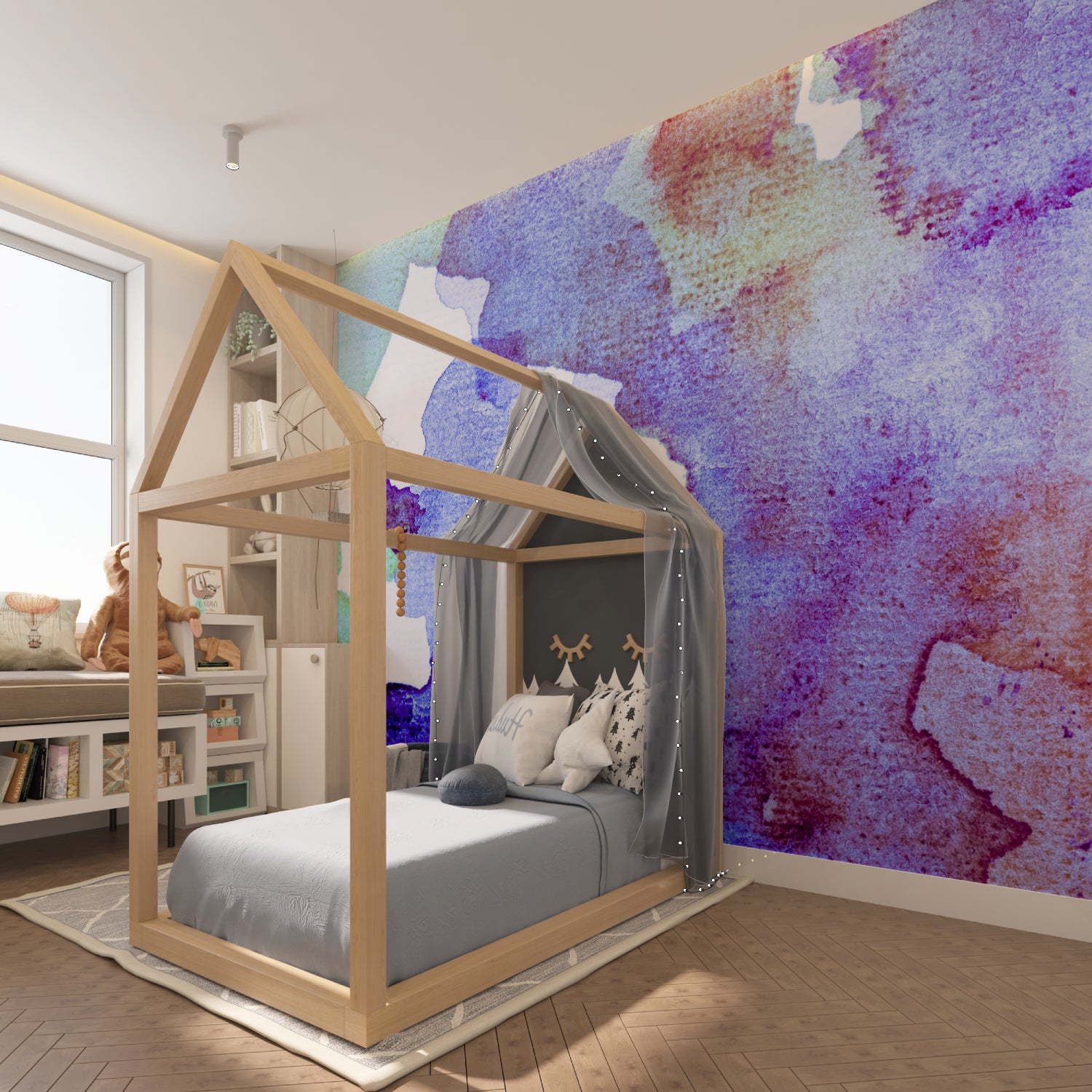 Graffiti wallpaper in modern teen bedroom showing vibrant turquoise and pink street art design