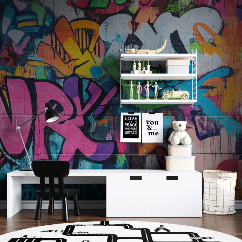 Teen bedroom transformed with vibrant graffiti wallpaper showing street art energy