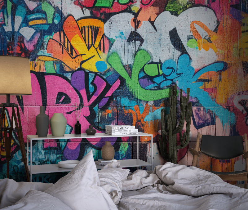Creative office space featuring bold graffiti mural wallpaper with urban vibes
