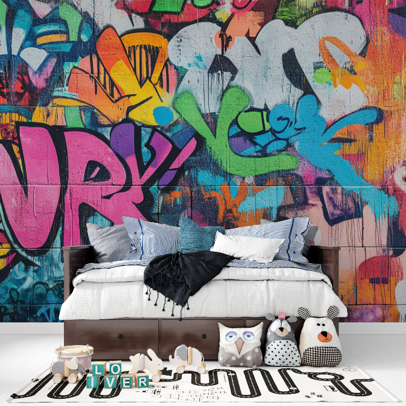 Gaming room with street art wallpaper showing bright graffiti designs