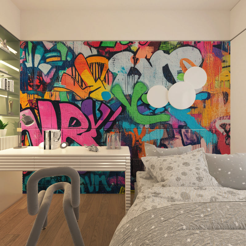 Modern café wall decorated with urban graffiti wallpaper art