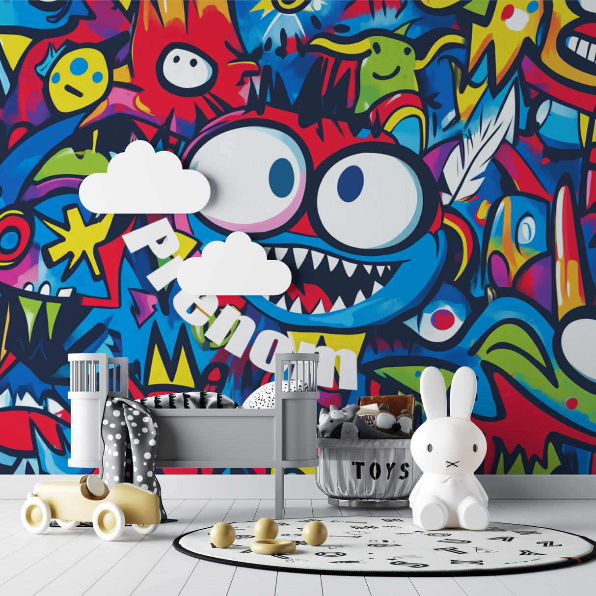 Urban monster graffiti mural making a statement in a gaming room