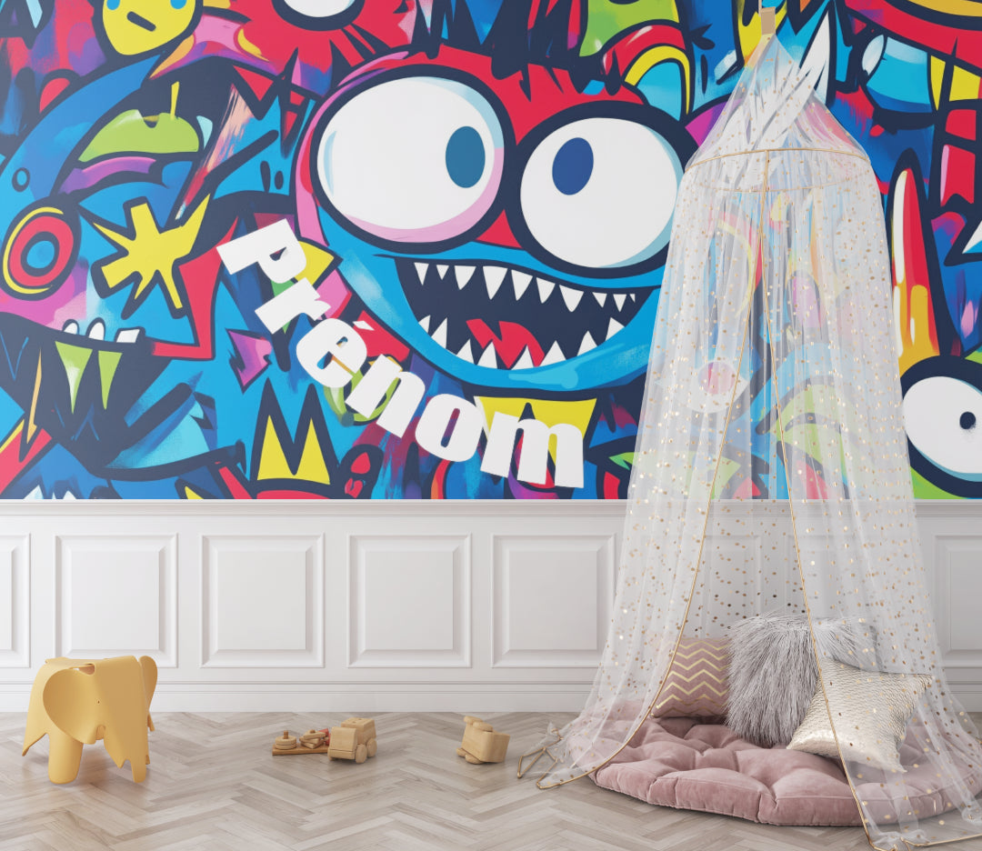 Street art monster wallpaper transforming a creative workspace