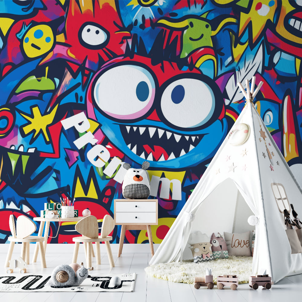 Graffiti wall mural adding personality to a modern living room