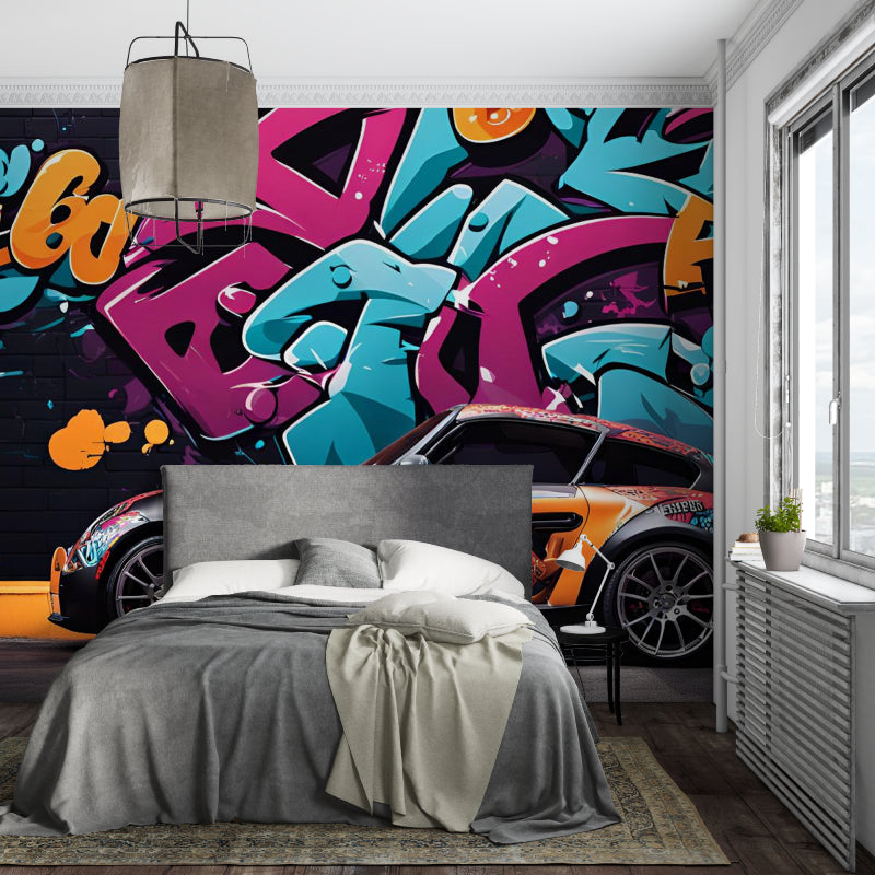 Street art graffiti wallpaper with sports car styled in modern teen bedroom showing vibrant urban design