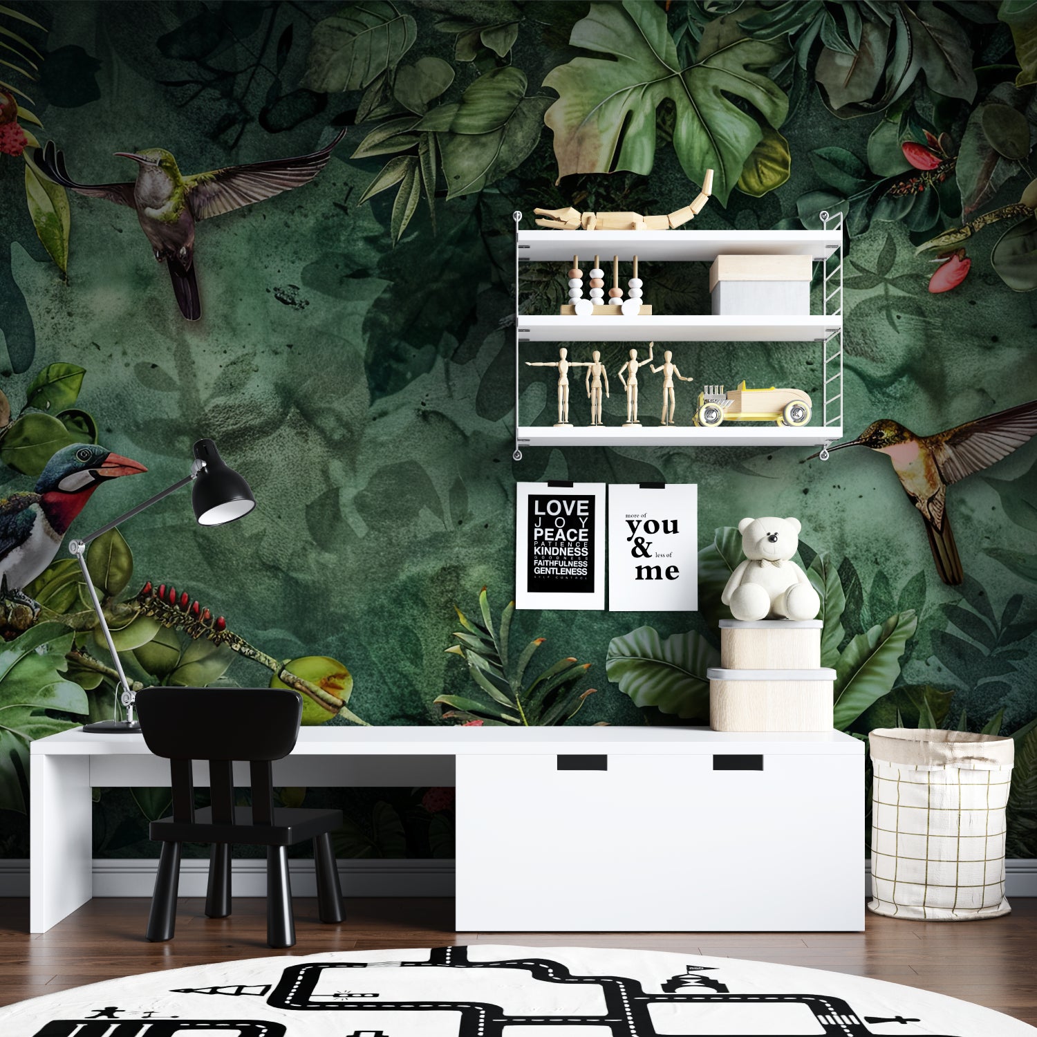 Street art wallpaper adding personality to a music studio with dynamic shapes