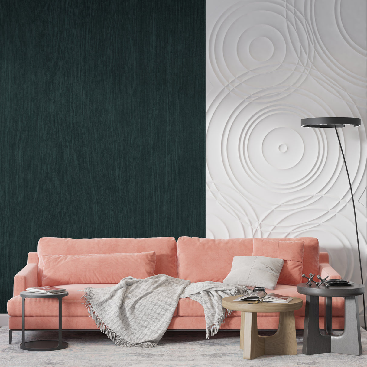 Green textured wall mural in cozy bedroom setting with natural light