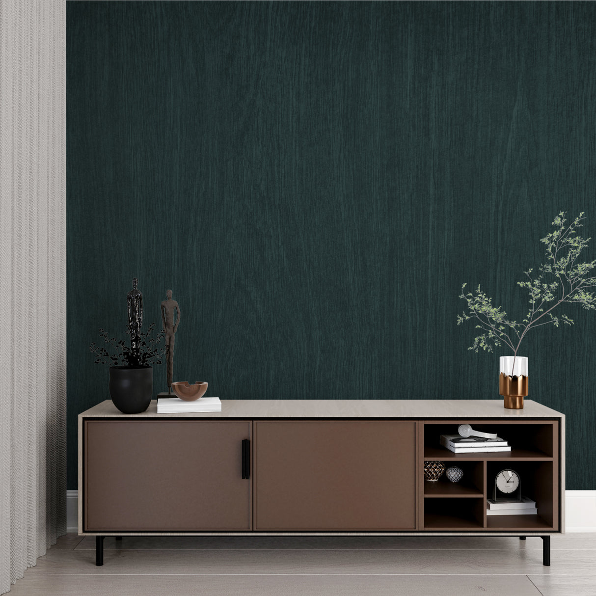 Emerald green wallpaper texture enhancing home office with warm lighting