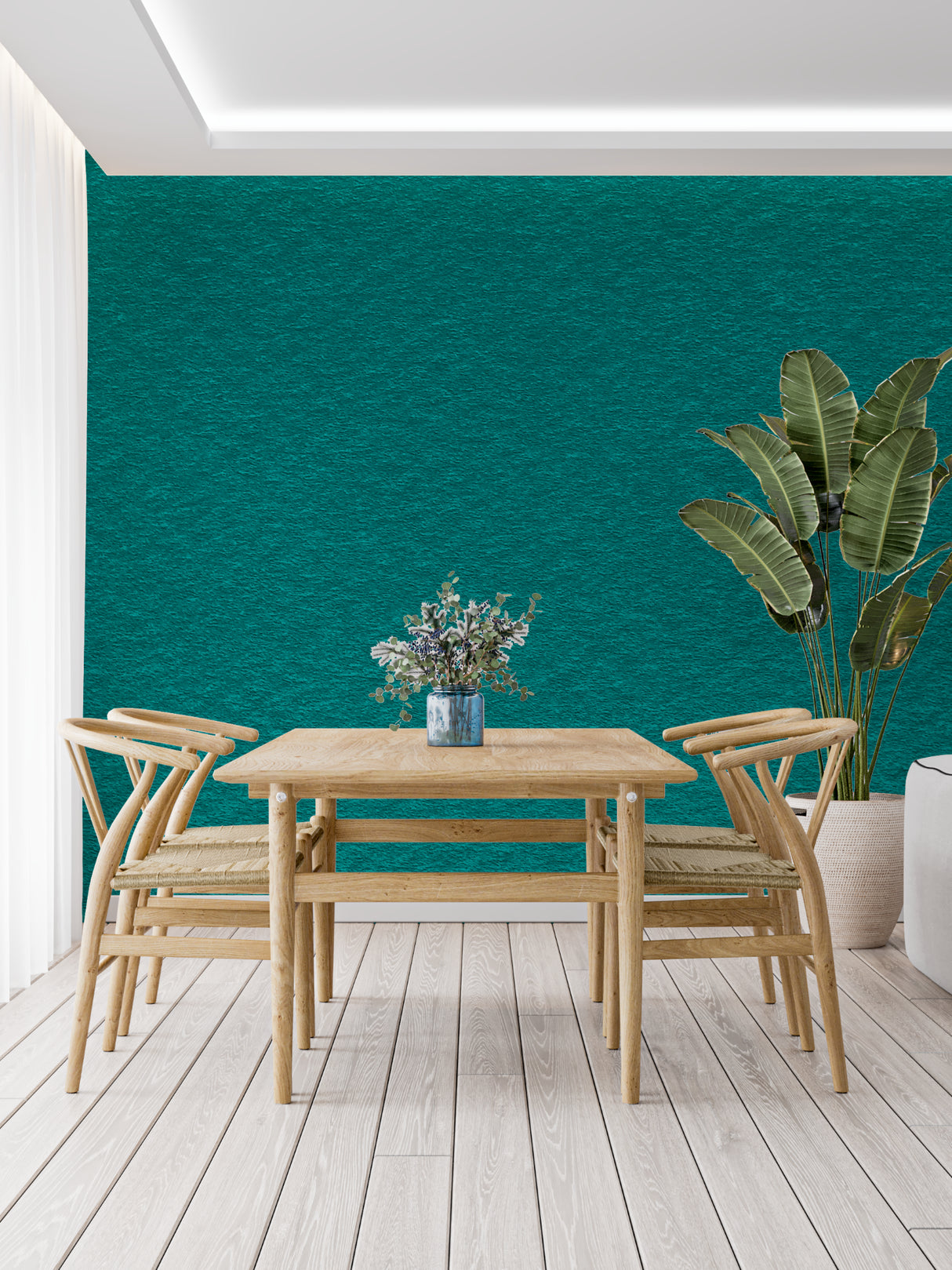 Teal textured wallpaper in modern living room creating depth and sophistication