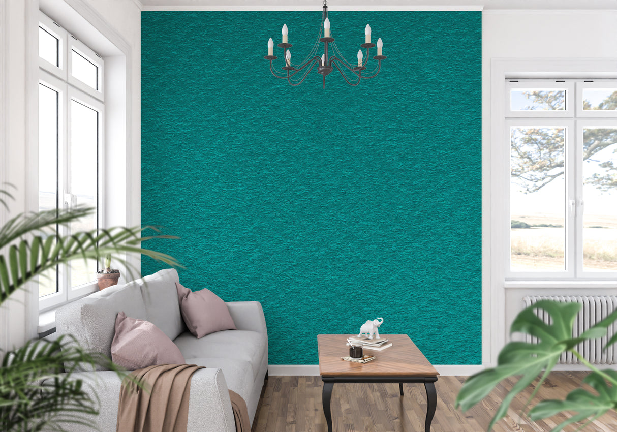 Green textured wall mural brightening a minimalist dining space