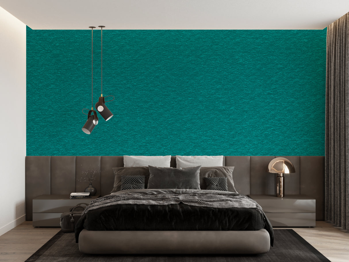 Modern teal wallpaper making a bedroom feel open and fresh