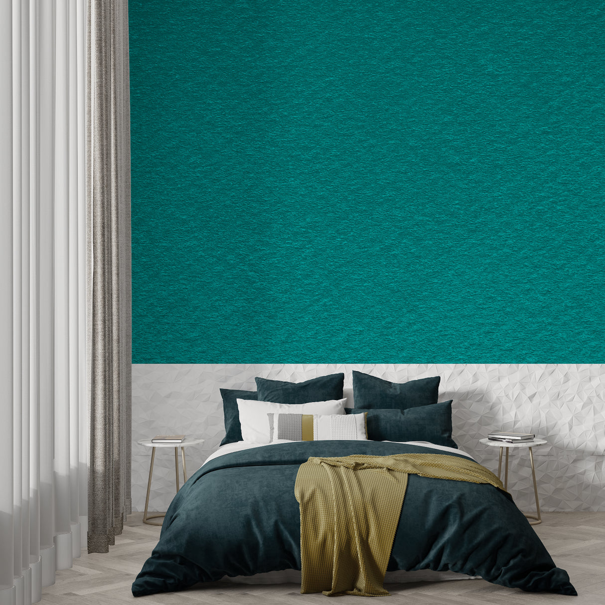 Elegant teal wall design in home office showing texture detail