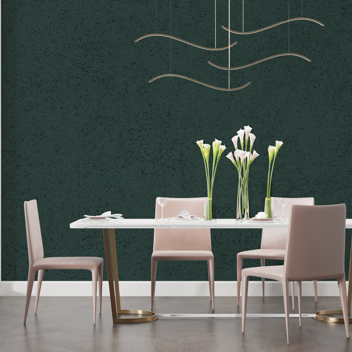 Green velvet wallpaper in modern living room setting with natural light showing textural depth