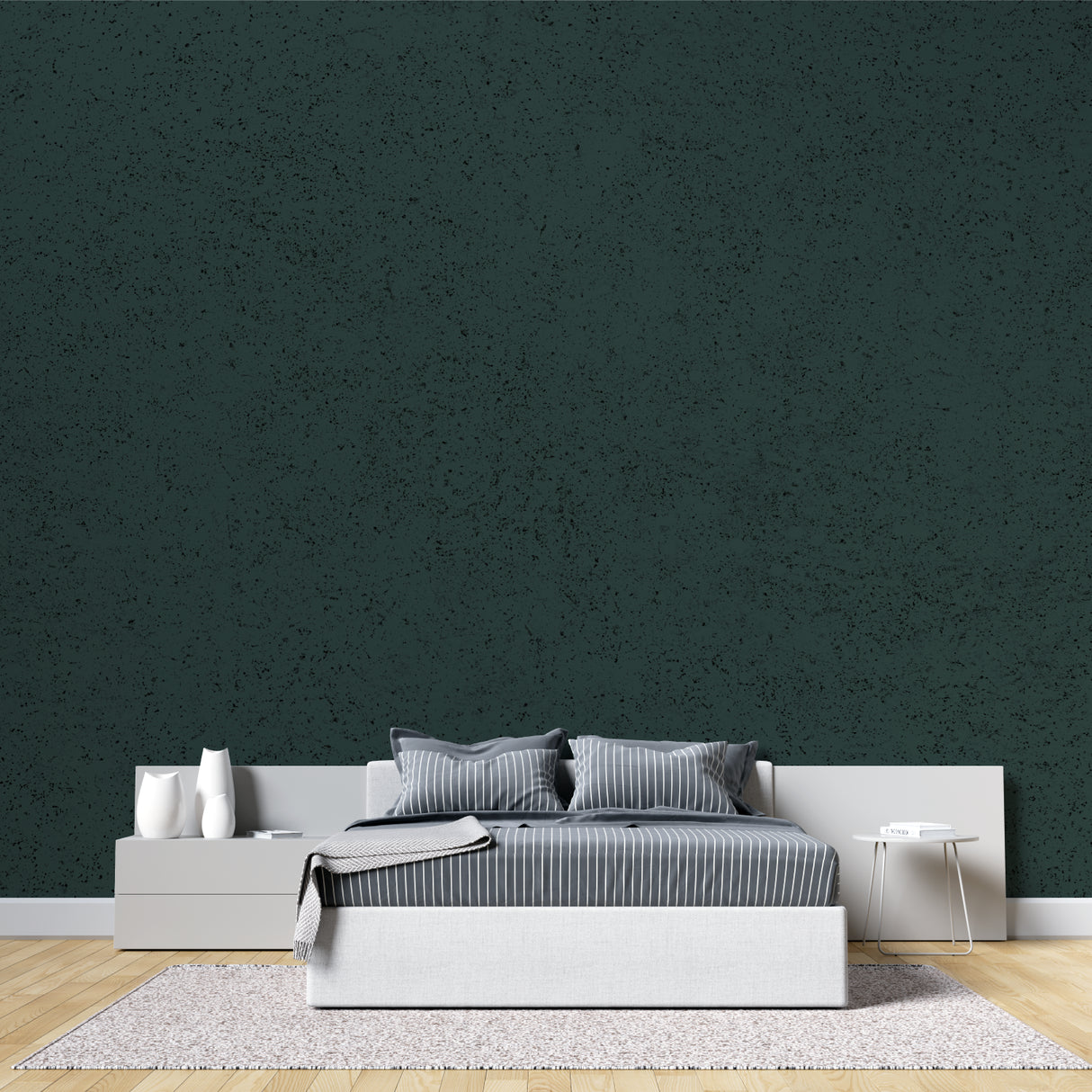 Green velvet wall covering in boutique hotel lobby setting