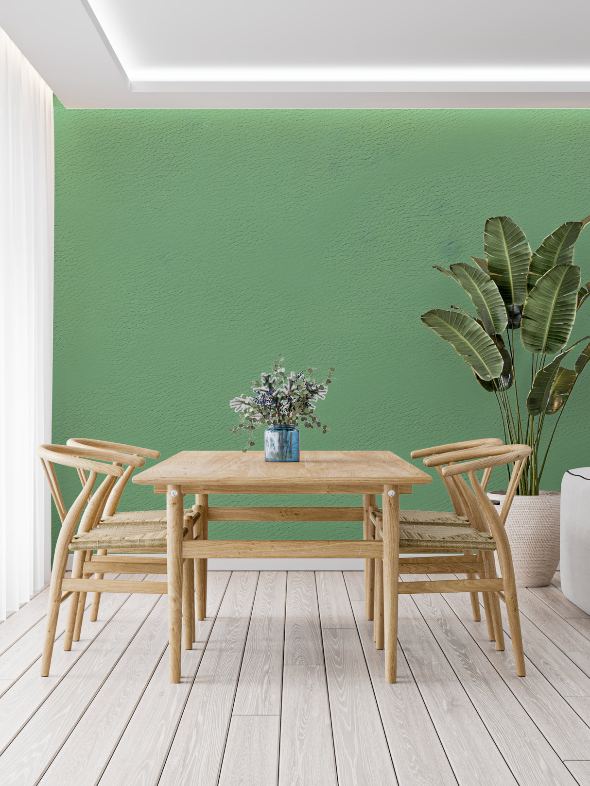 Green wall mural installation in modern home office showing subtle texture detail