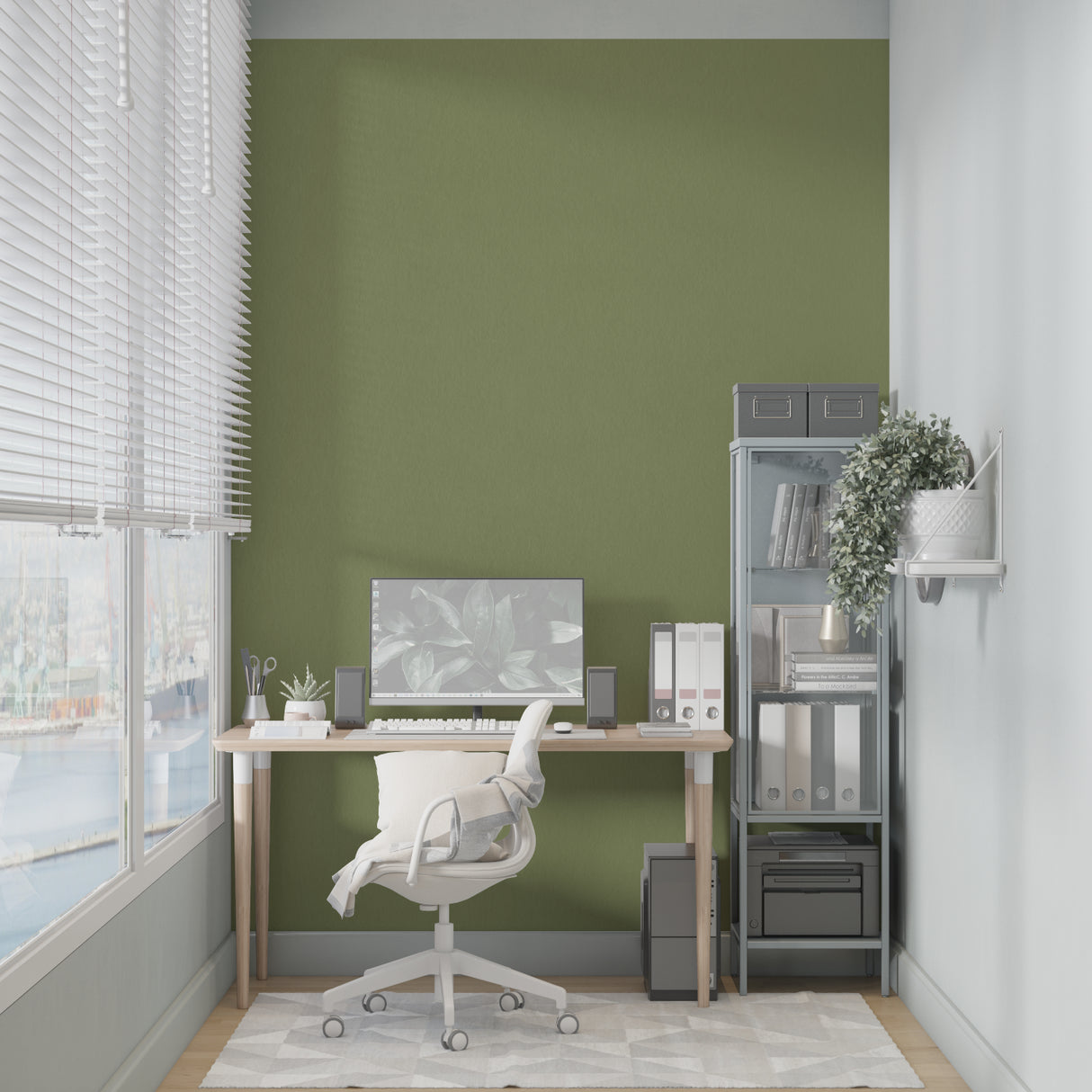 Olive green wall mural creating calm atmosphere in home office setting