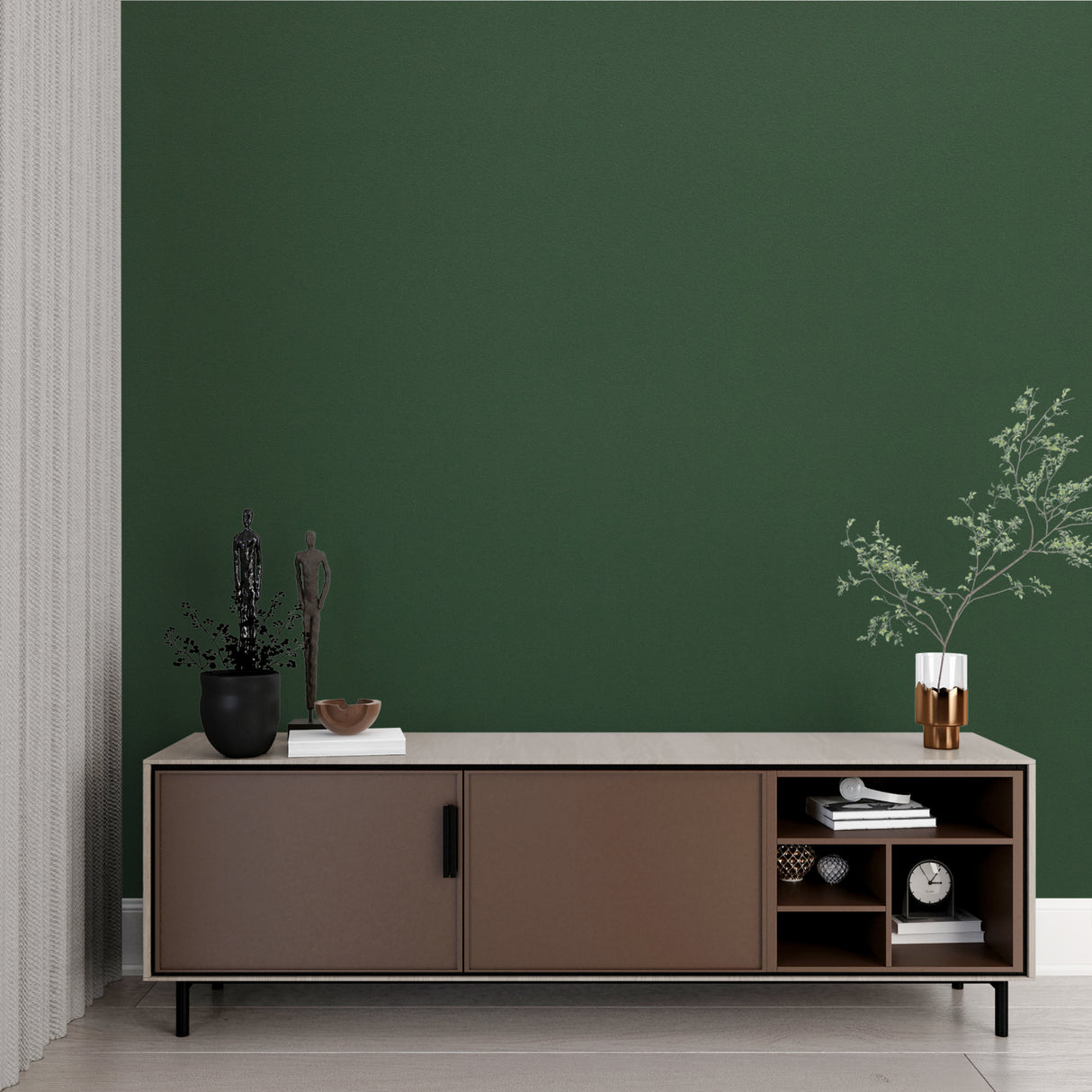 Emerald green wall mural in a minimalist dining room, perfect backdrop for modern furniture