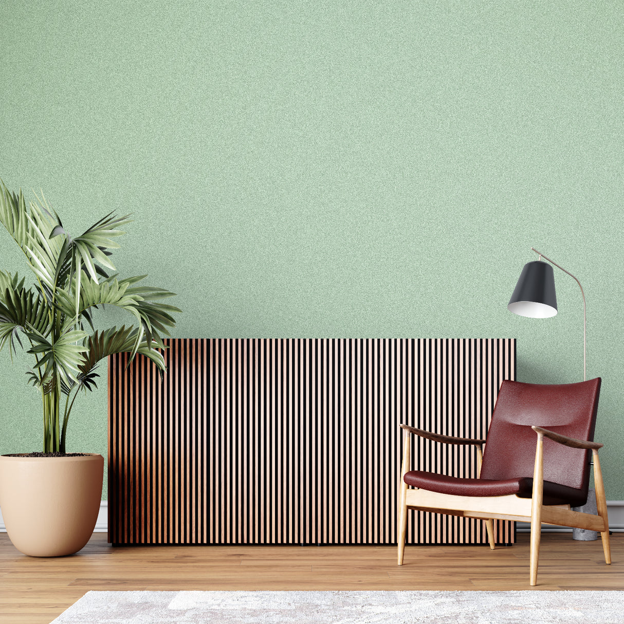 Soft sage wallpaper in home office space highlighting clean minimal design