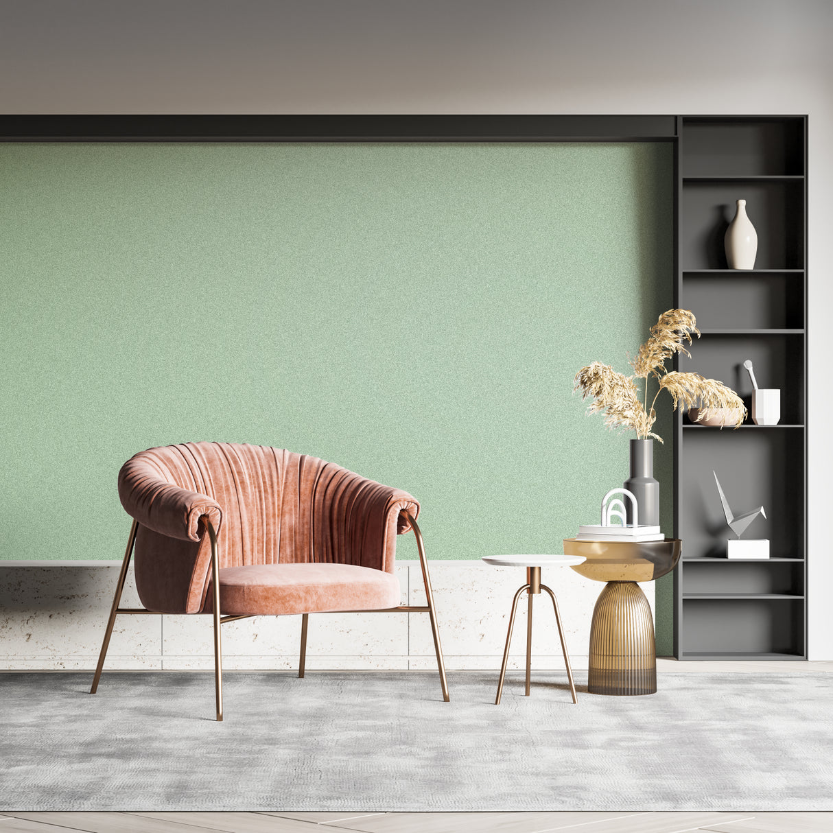 Minimalist sage green wallpaper showcased in dining room with modern furniture