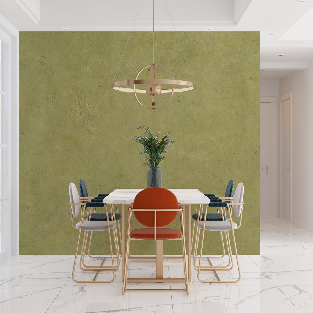 Olive green textured wallpaper in modern living room creating a serene atmosphere