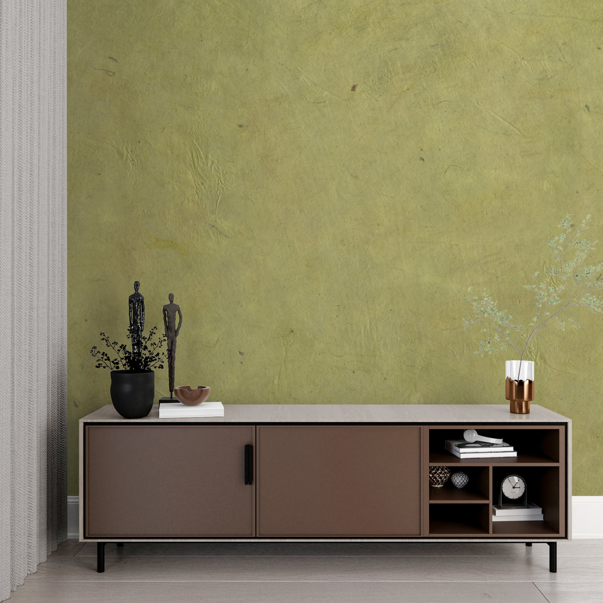 Green textured wall mural adding depth to dining room walls