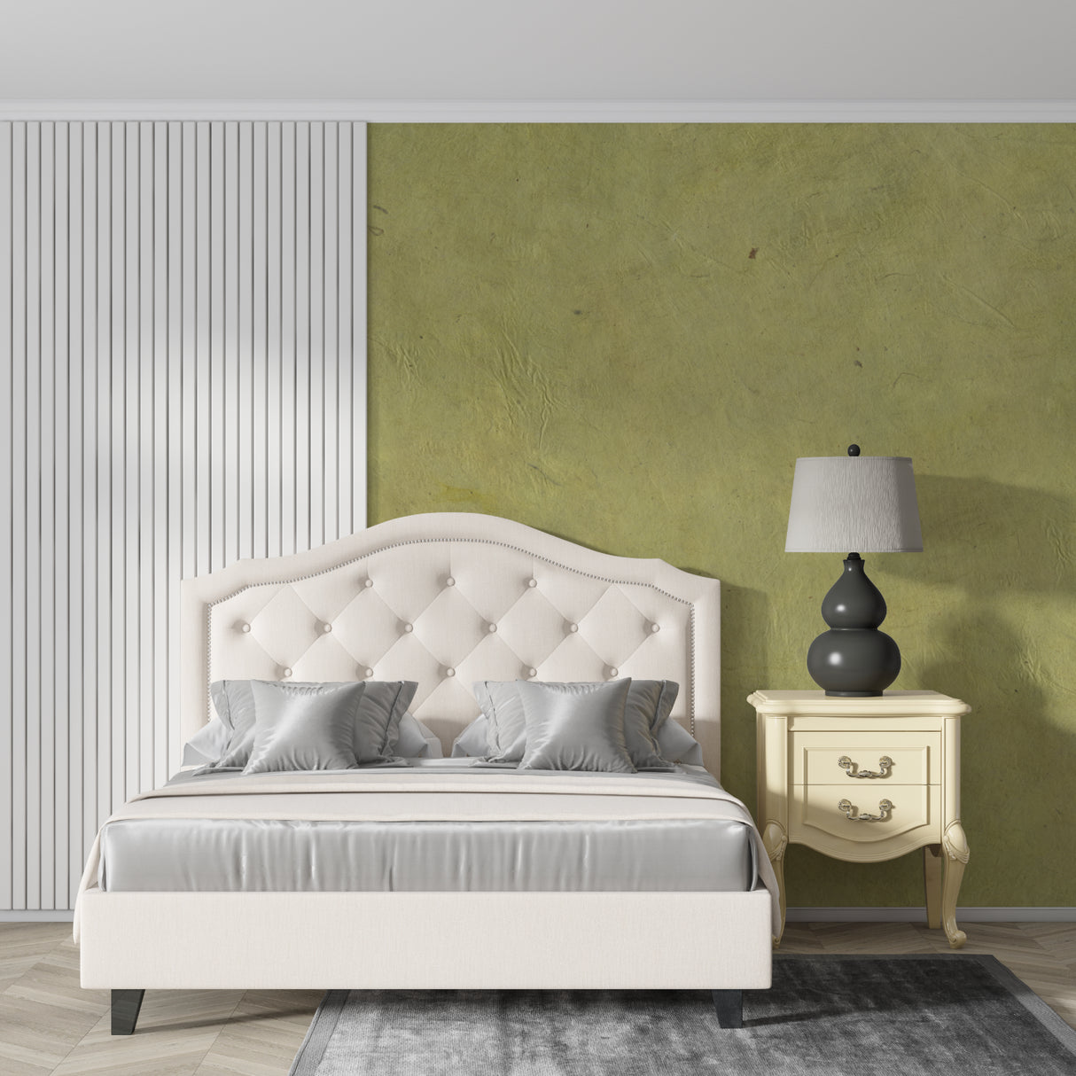 Textured olive wallpaper in home office showing natural light play