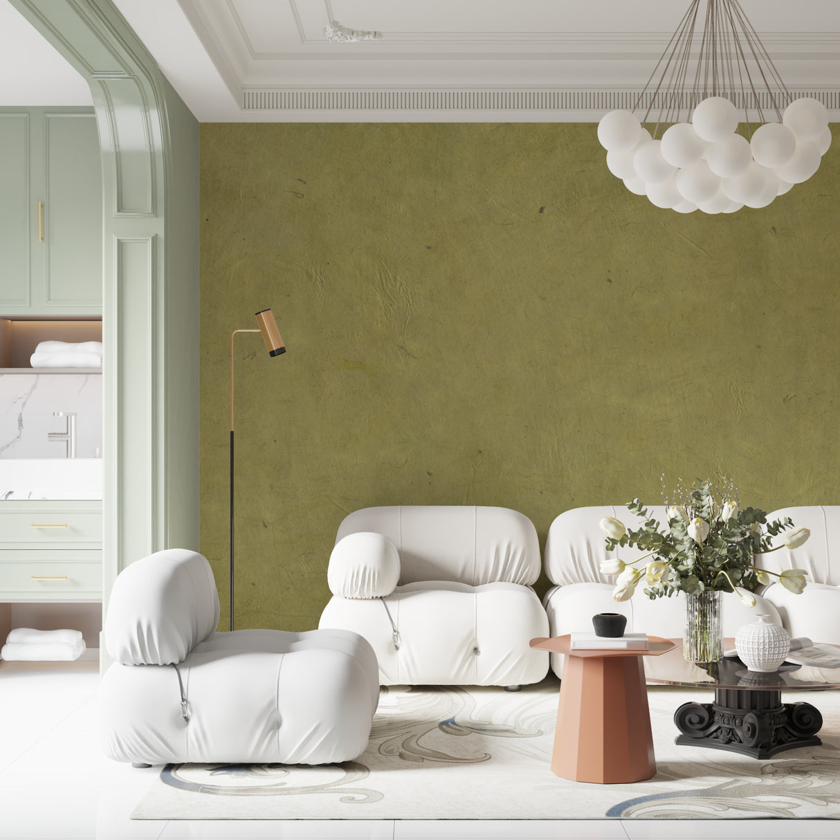 Olive green wall covering in bedroom displaying subtle texture detail