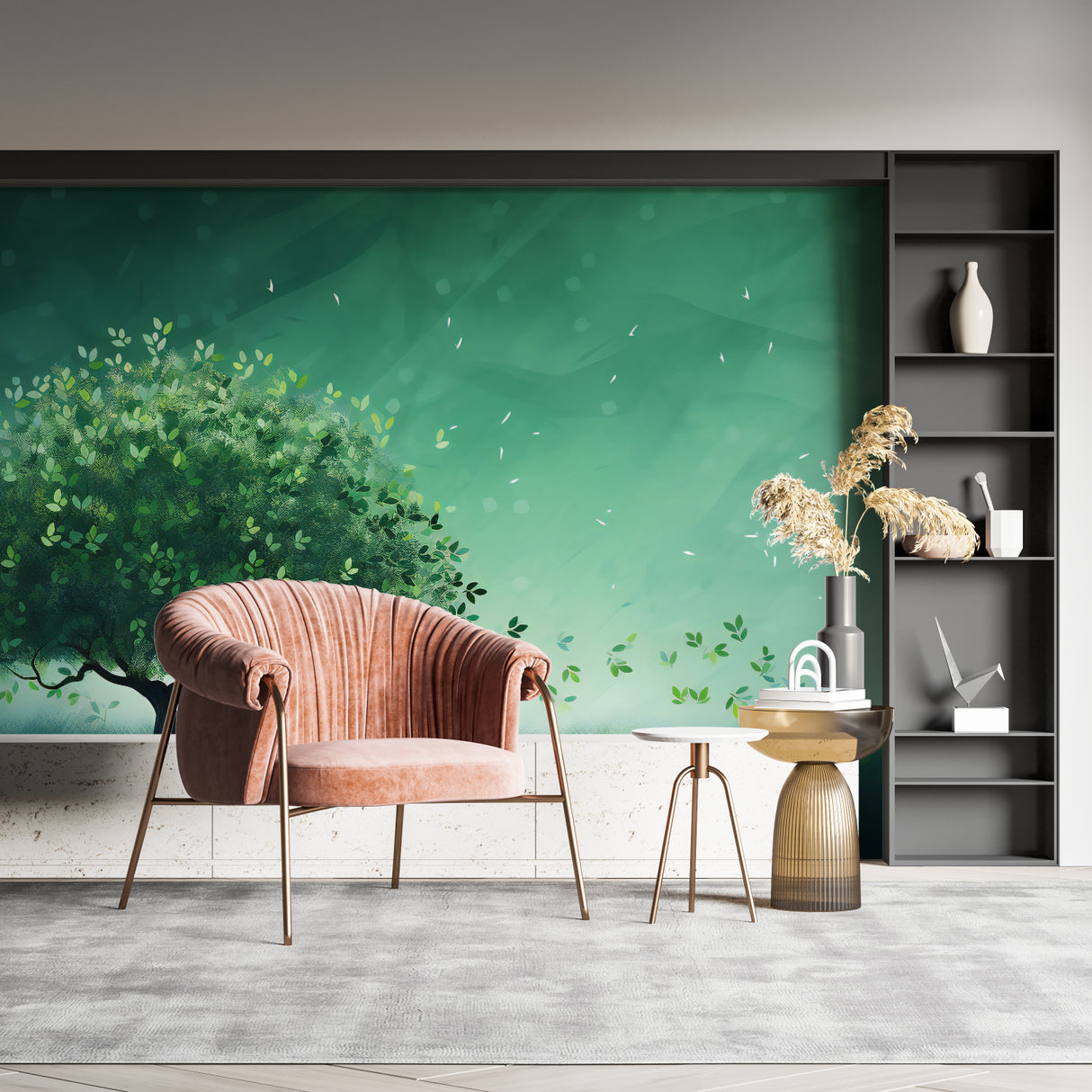 Green forest wallpaper in modern living room showing depth and movement of dancing leaves
