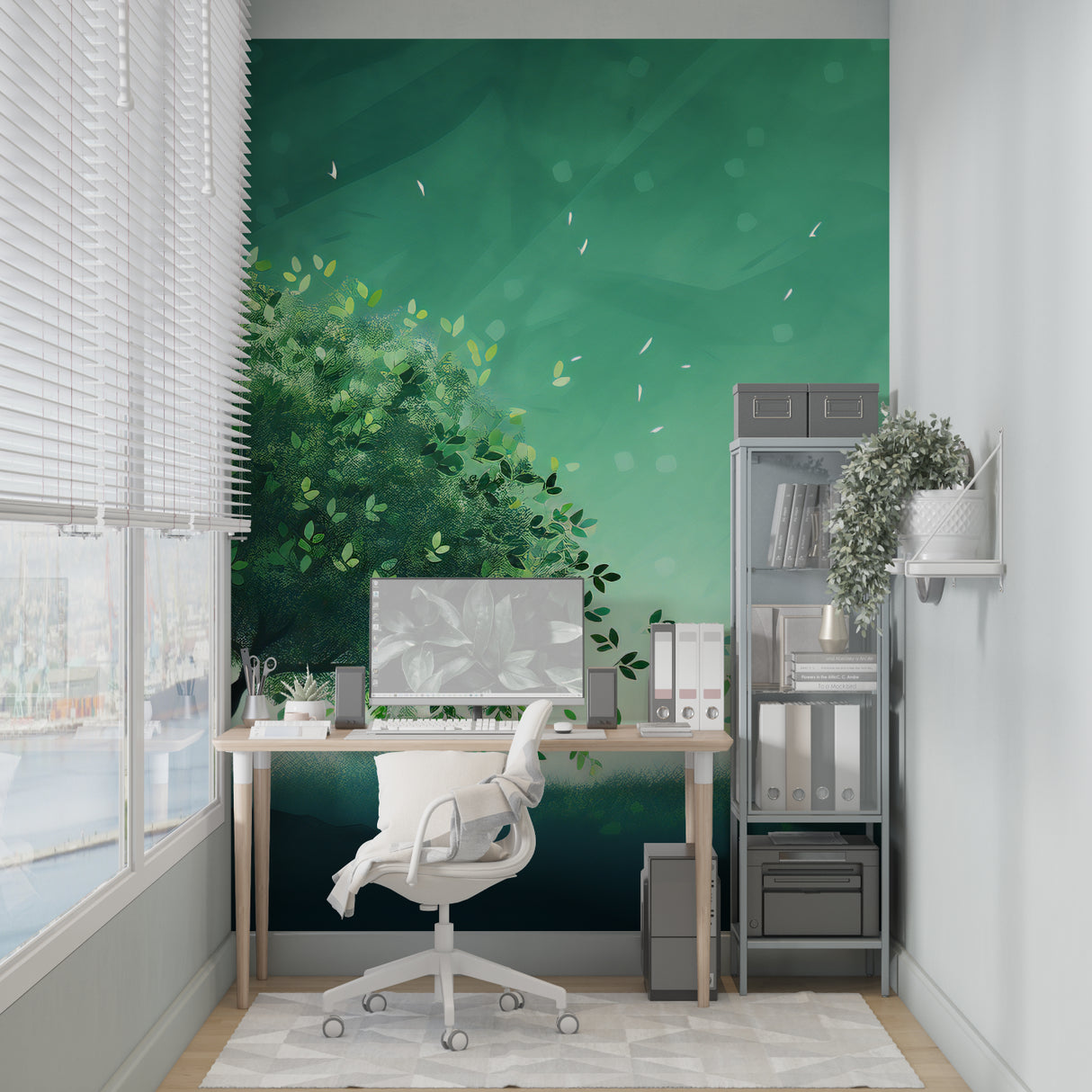 Nature wall mural in cozy bedroom creating peaceful forest atmosphere